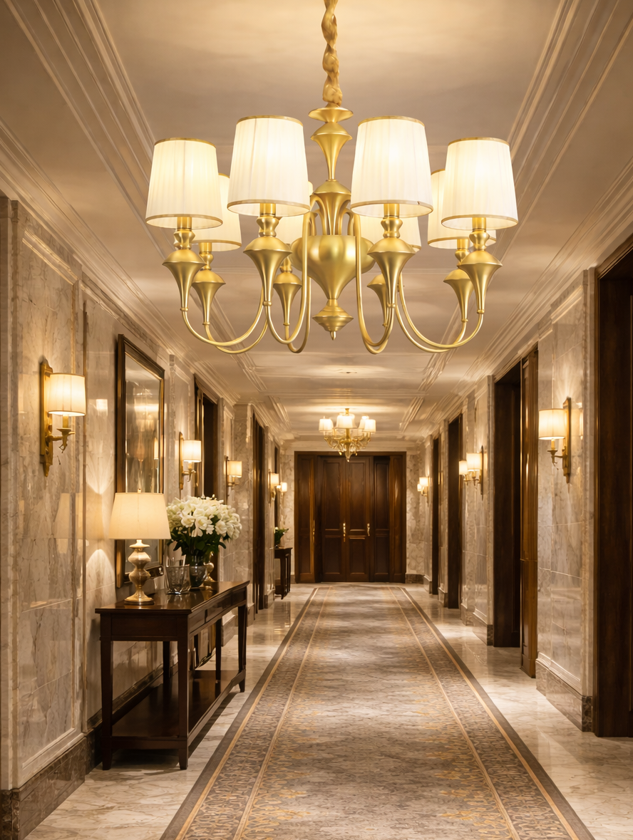 HDC 6 Lights Luxury Gold Finish Fabric Shade Chandelier Light for Living & Dining Area