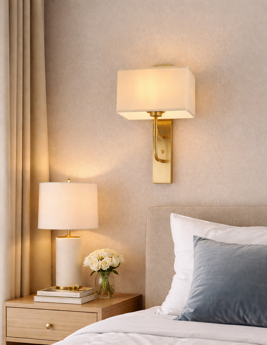 HDC Premium Luxury Gold Wall Light with Fabric Shade for Bedroom, Living Room & Hotel Décor