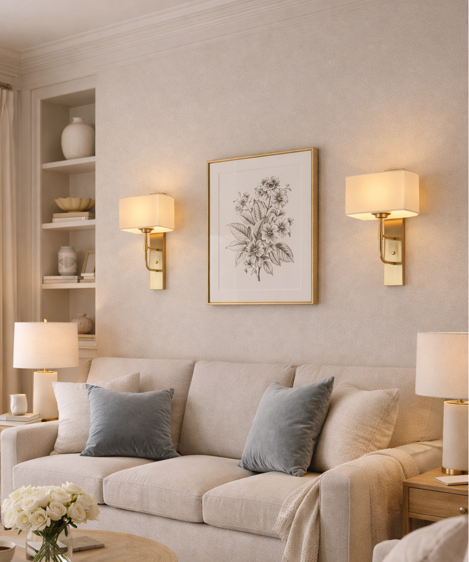 HDC Premium Luxury Gold Wall Light with Fabric Shade for Bedroom, Living Room & Hotel Décor