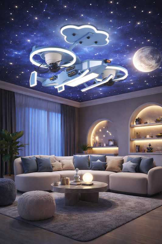 HDC Airplane Kids Designer Ceiling Fan Chandelier with LED & Playful Cloud Theme