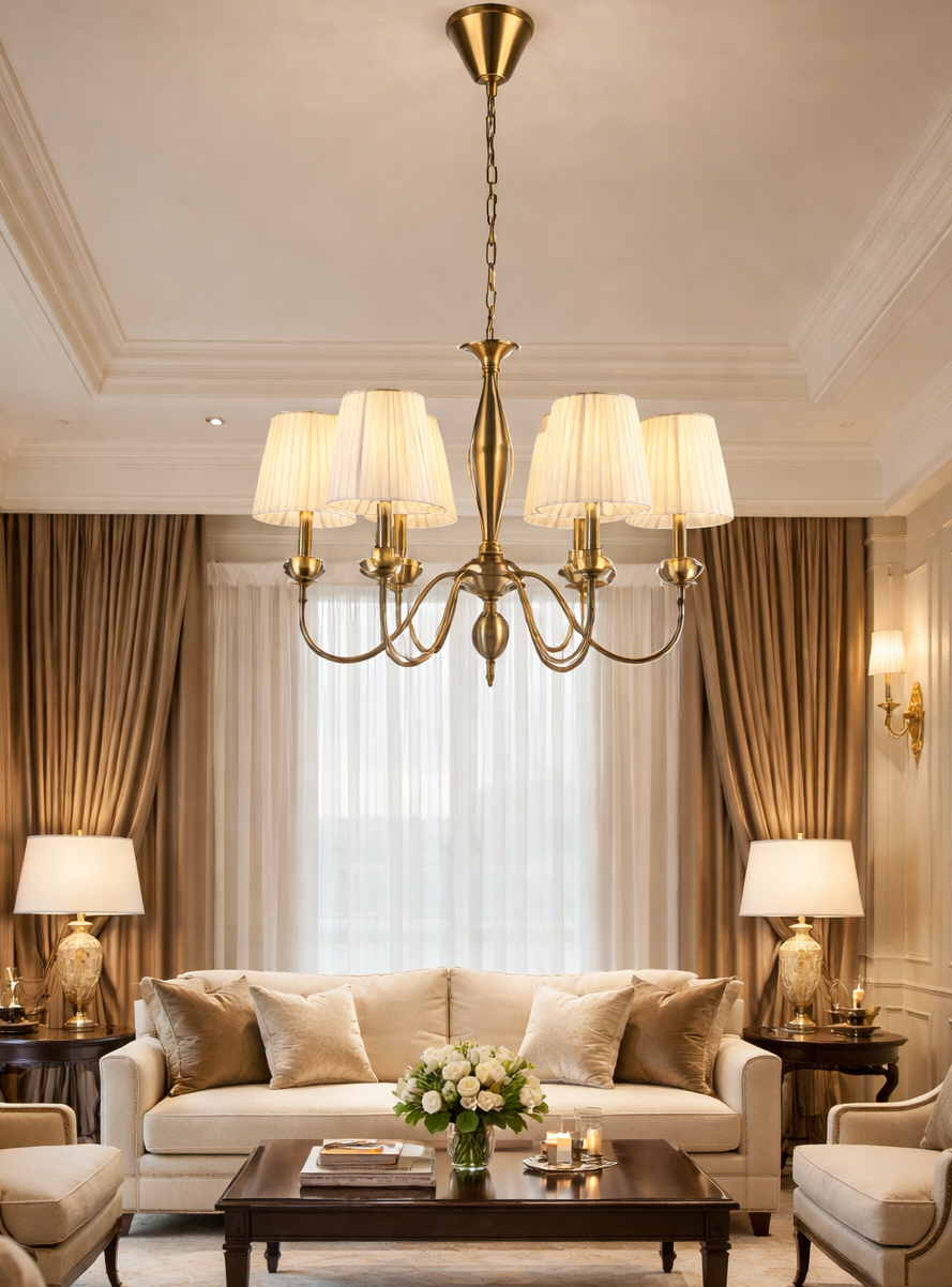 HDC Luxury Gold Finish Chandelier with Fabric Shades for Living & Dining Spaces
