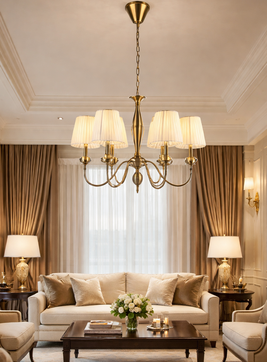 HDC Luxury Gold Finish Chandelier with Fabric Shades for Living & Dining Spaces