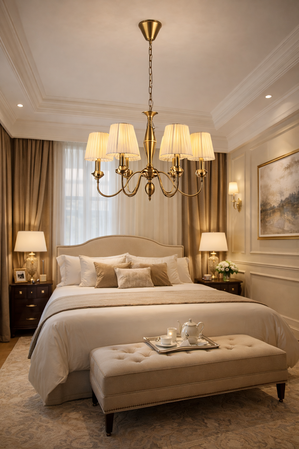 HDC Luxury Gold Finish Chandelier with Fabric Shades for Living & Dining Spaces