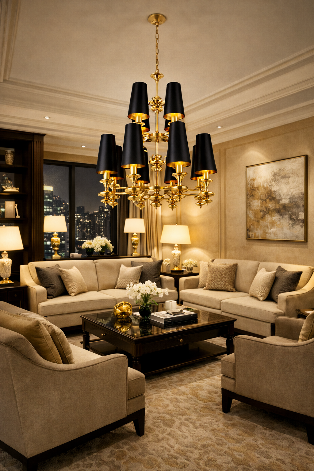 HDC 12 Lights Luxury Multi-Arm Black & Gold Chandelier with Black Fabric Shades for Living & Dining Spaces