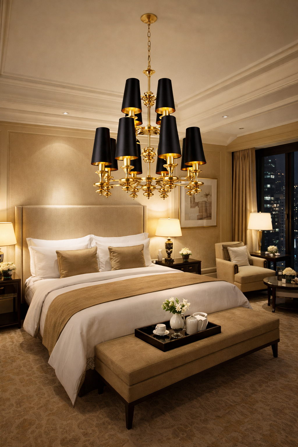 HDC 12 Lights Luxury Multi-Arm Black & Gold Chandelier with Black Fabric Shades for Living & Dining Spaces