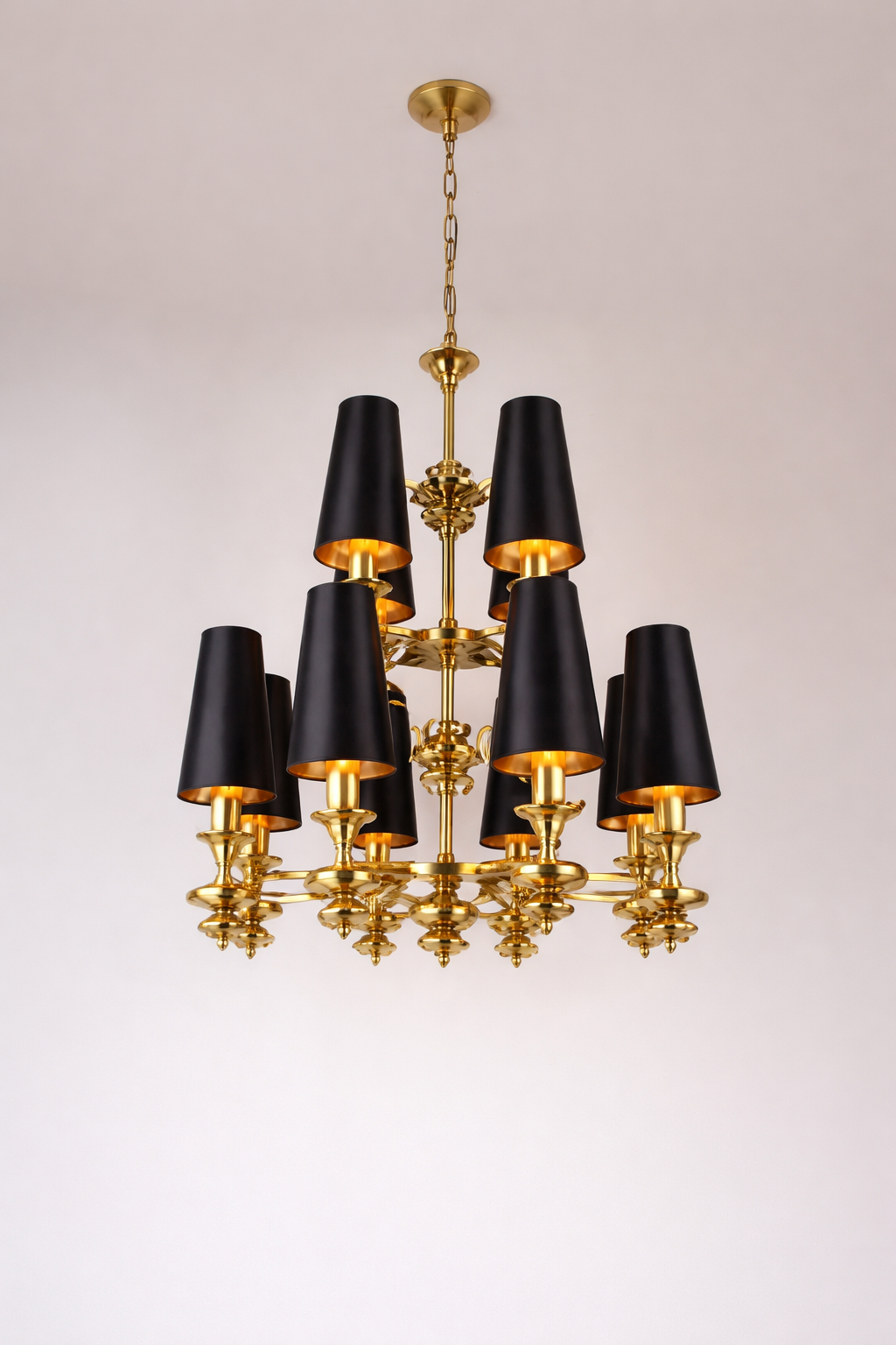 HDC 12 Lights Luxury Multi-Arm Black & Gold Chandelier with Black Fabric Shades for Living & Dining Spaces