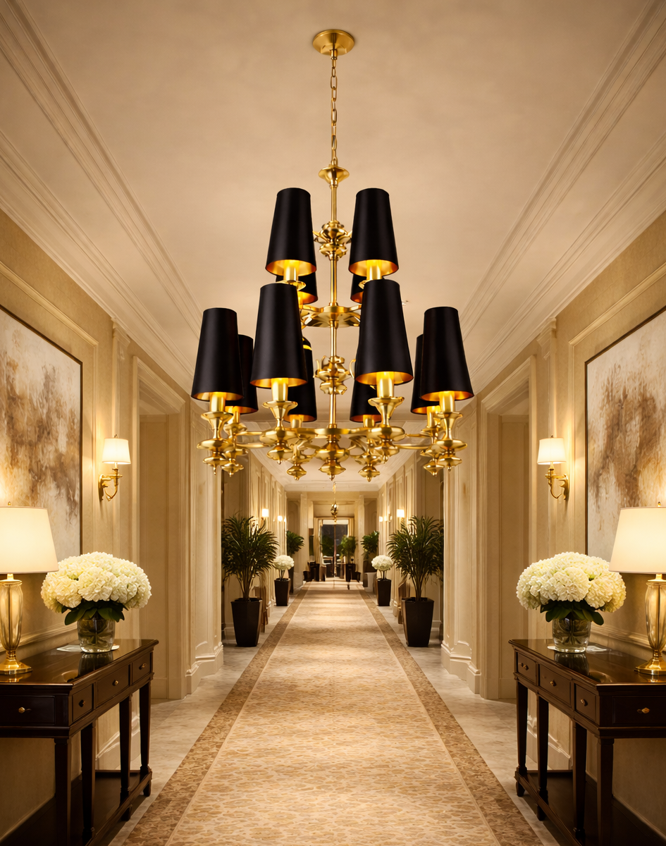 HDC 12 Lights Luxury Multi-Arm Black & Gold Chandelier with Black Fabric Shades for Living & Dining Spaces