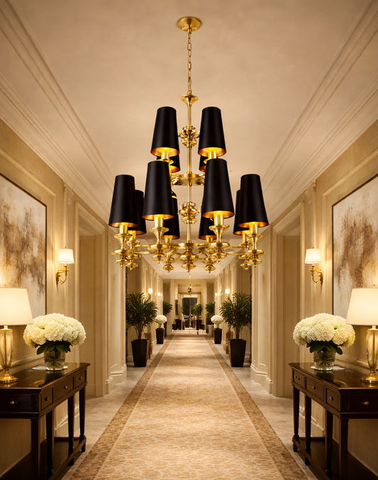 HDC 12 Lights Luxury Multi-Arm Black & Gold Chandelier with Black Fabric Shades for Living & Dining Spaces