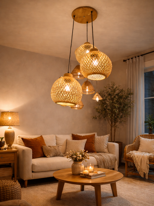 HDC Luxury Handwoven Cane Pendant Ceiling Light for Dining, Living & Café Spaces