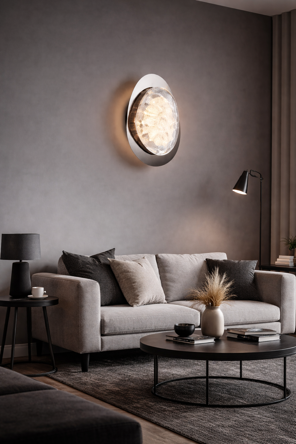 HDC Luxury Modern Oval Pearl Black LED Wall Light with Textured Resin Diffuser for Living Room, Bedroom & Hallway