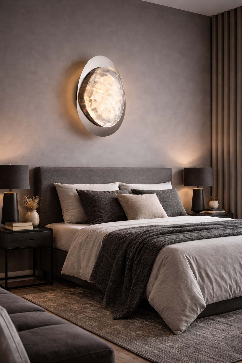 HDC Luxury Modern Oval Pearl Black LED Wall Light with Textured Resin Diffuser for Living Room, Bedroom & Hallway