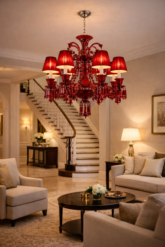 Hdc Luxury Red Crystal Glass Classic Italian Chandelier Ceiling Light for Living Room, Bedroom & Dining Area