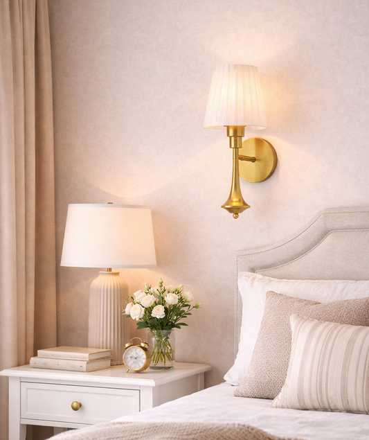HDC Luxury Gold Finish Wall Light with Fabric Shade for Bedroom, Living Room & Hotel Décor