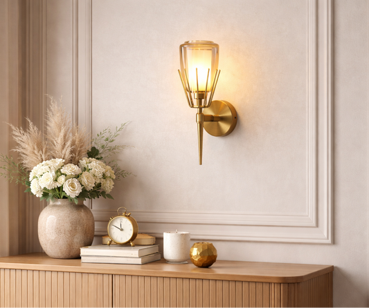 HDC Modern Gold Finish Wall Light with Clear Glass Shade for Living Room, Bedroom & Hall