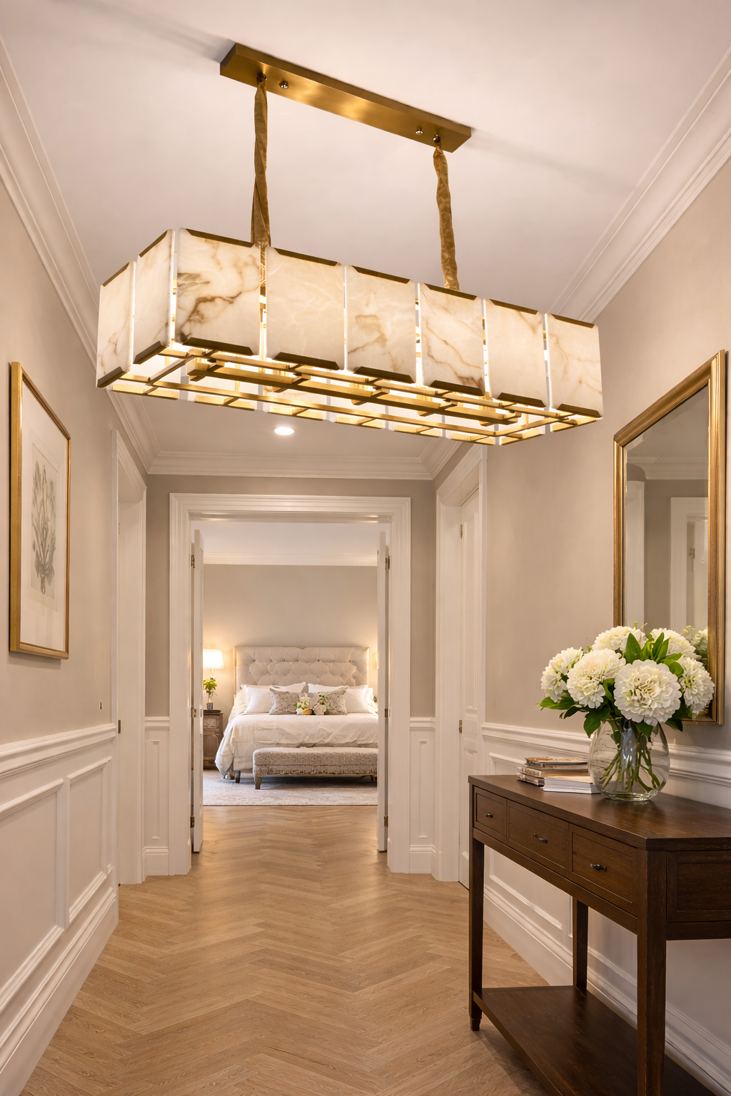 HDC 800mm Luxury Rectangular Marble Finish Chandelier Light for Dining & Living Room