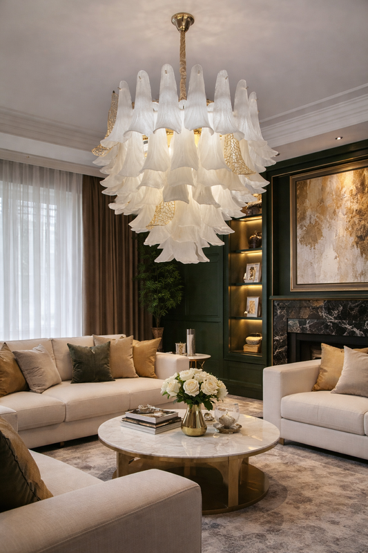 HDC 800mm Luxury White Petal Glass Hanging Chandelier with Gold Accents for Living Room & Dining Area