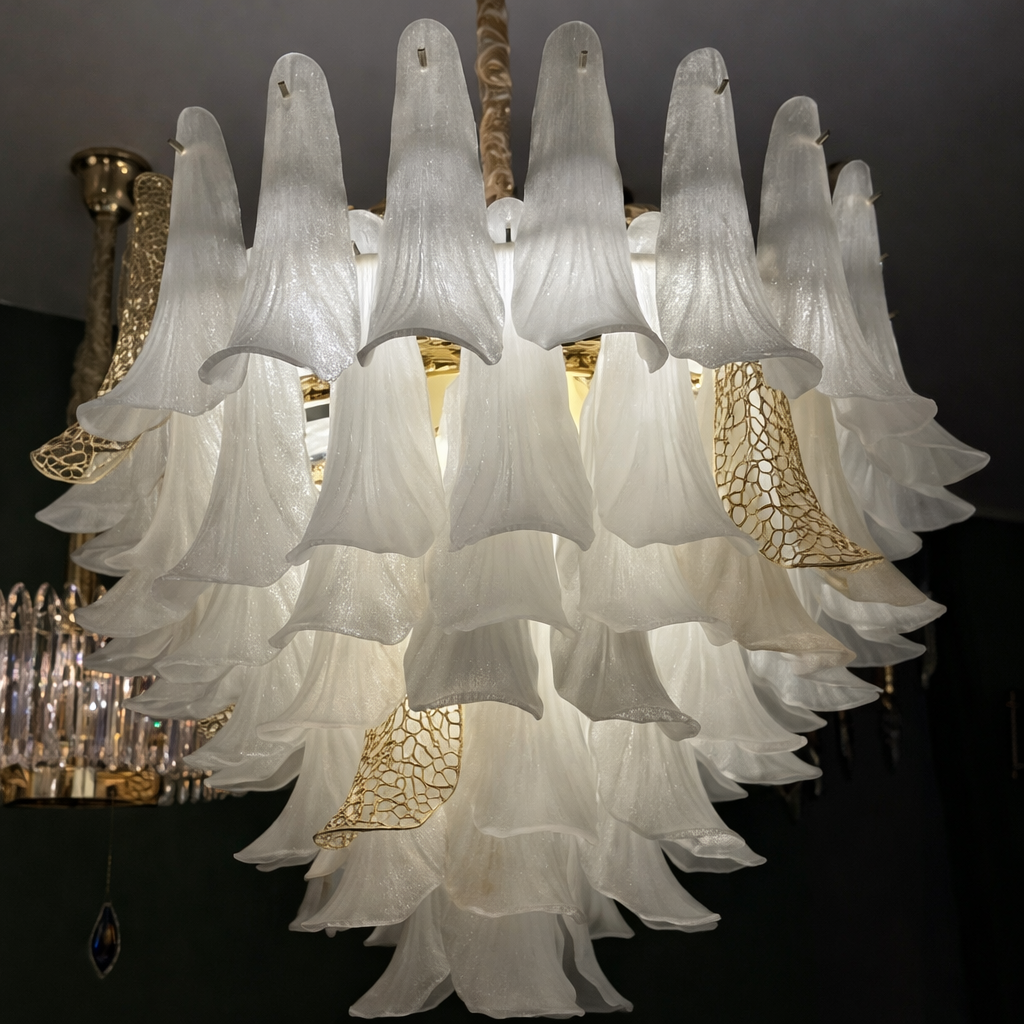 HDC 800mm Luxury White Petal Glass Hanging Chandelier with Gold Accents for Living Room & Dining Area