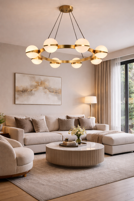 HDC 8 Lights Luxury Modern Gold Ring Chandelier Light with Opal Glass Globes for Living Room, Dining & Bedroom