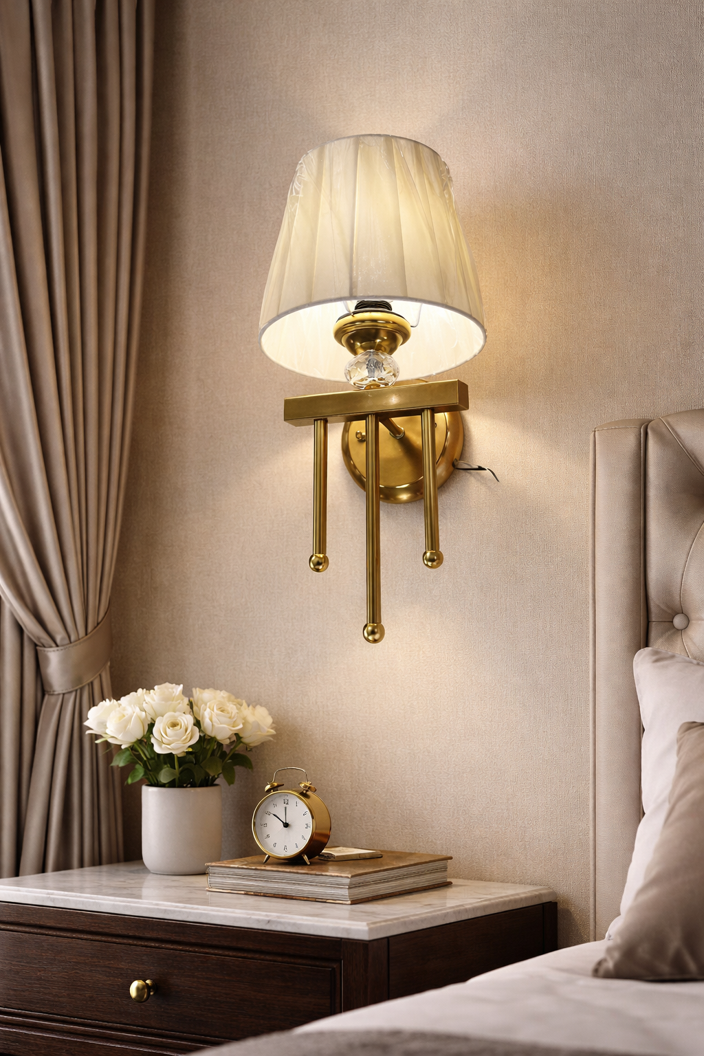HDC Luxury Brass Finish Wall Light with Fabric Shade for Bedroom & Living Room