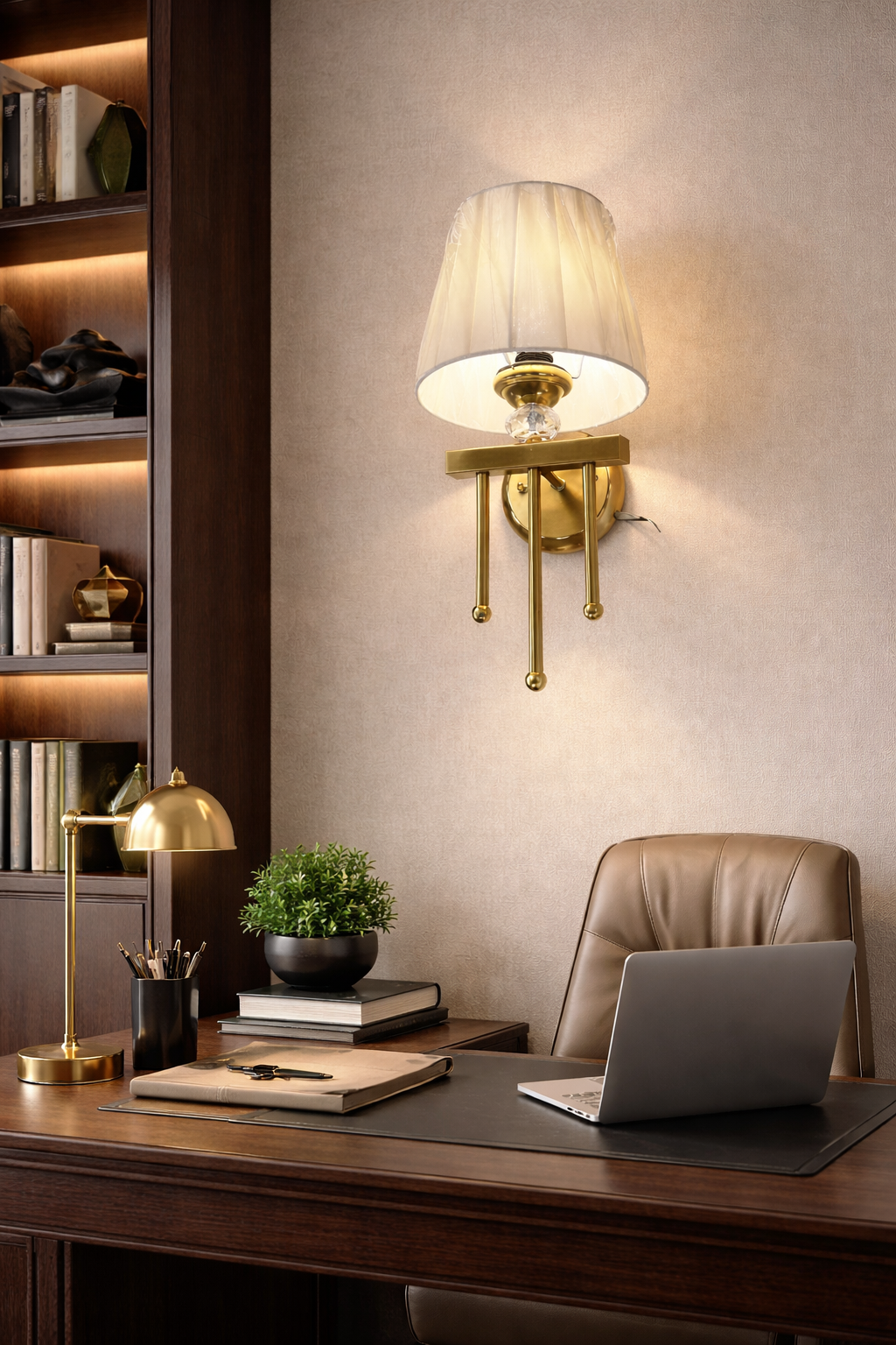 HDC Luxury Brass Finish Wall Light with Fabric Shade for Bedroom & Living Room
