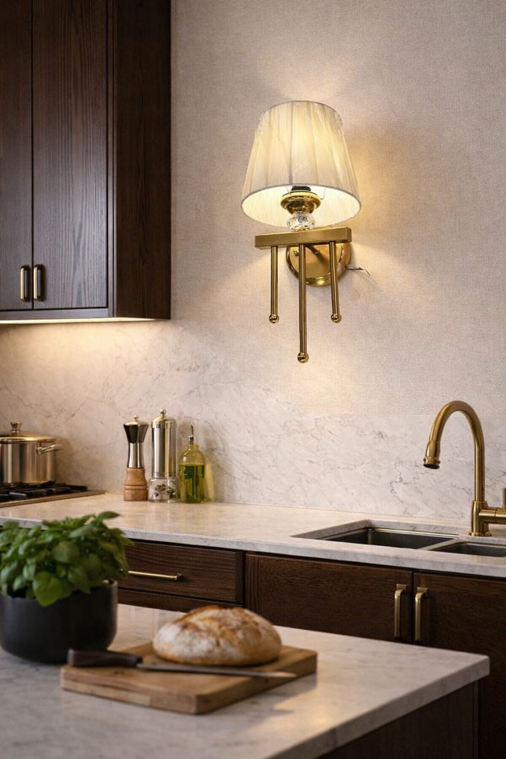 HDC Luxury Brass Finish Wall Light with Fabric Shade for Bedroom & Living Room