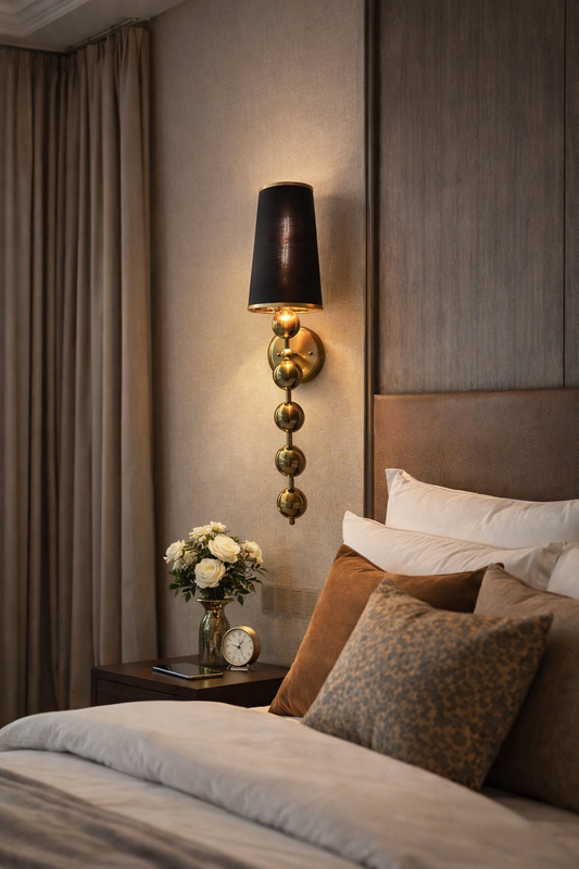 HDC Luxury Black & Gold Designer Wall Light with Fabric Shade for Bedroom & Living Room