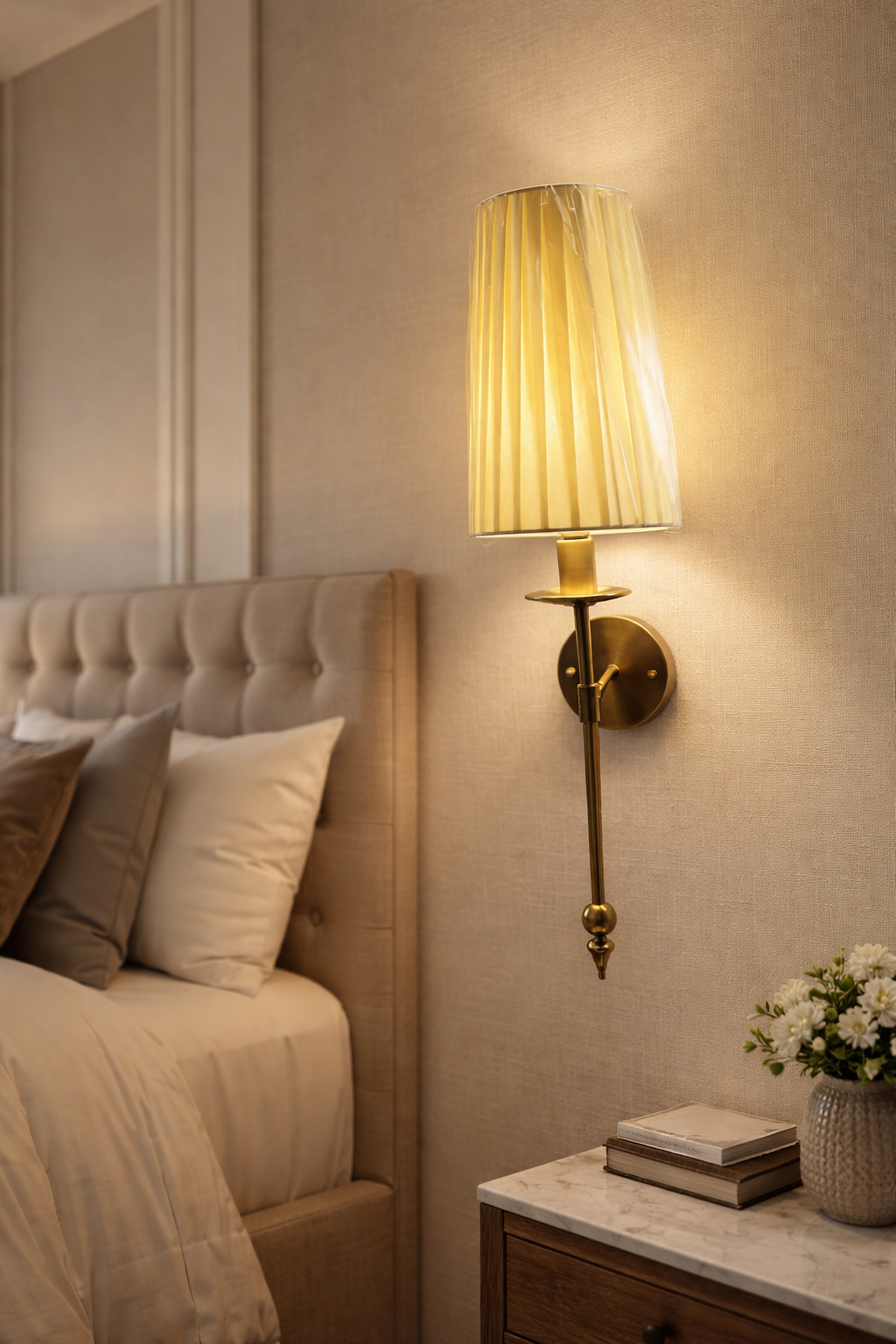 HDC Luxury Pleated Fabric Wall Light with Antique Gold Finish for Bedroom & Living Spaces