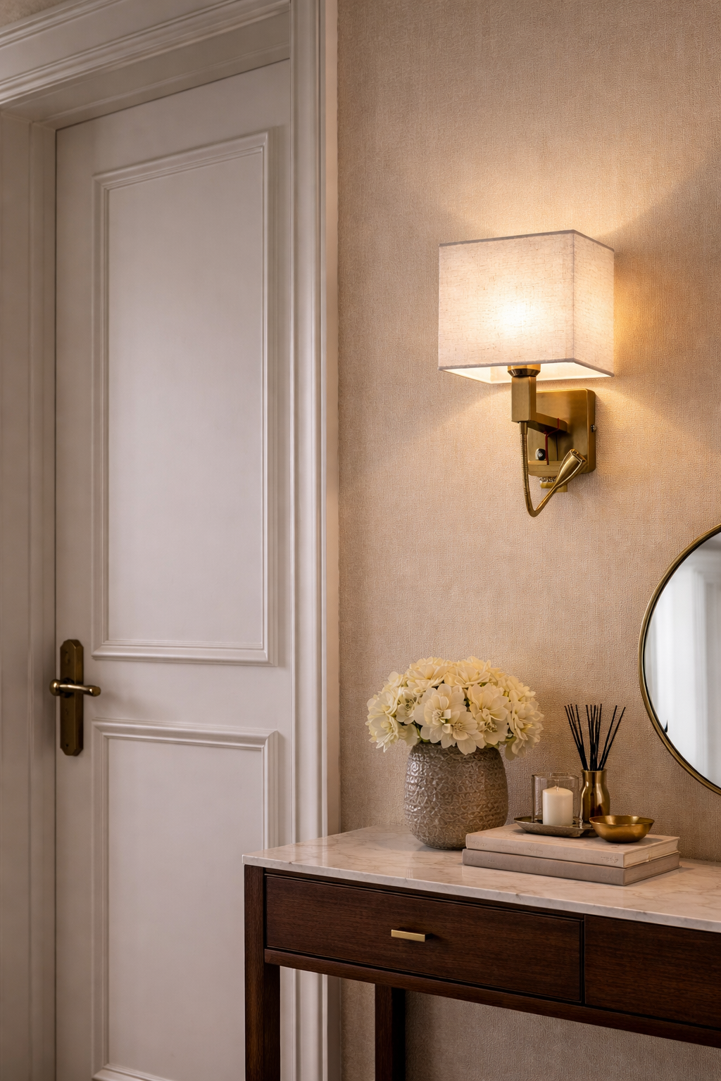 HDC Modern Fabric Shade Wall Light with Adjustable Reading Arm for Bedroom & Hotel Use