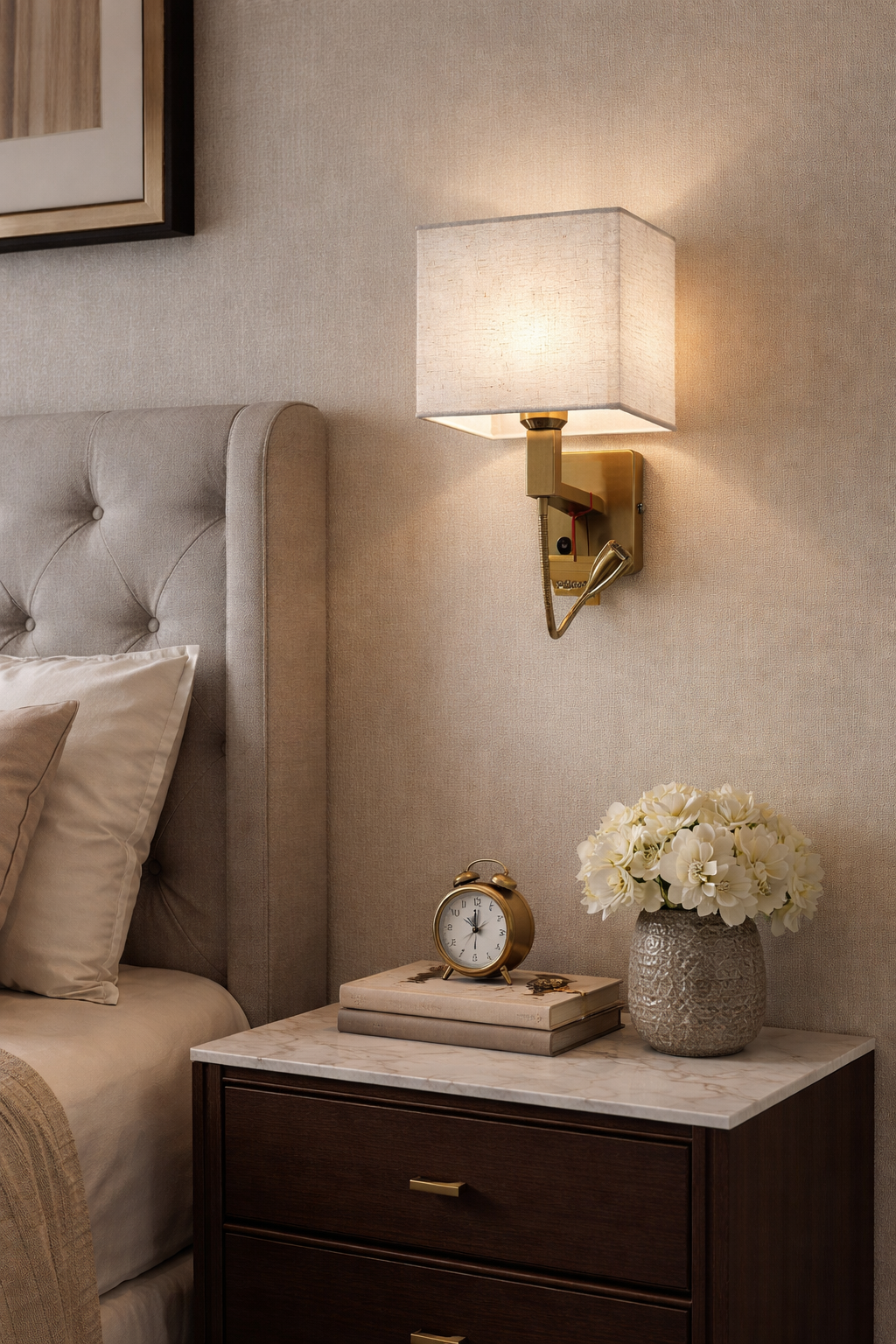 HDC Modern Fabric Shade Wall Light with Adjustable Reading Arm for Bedroom & Hotel Use