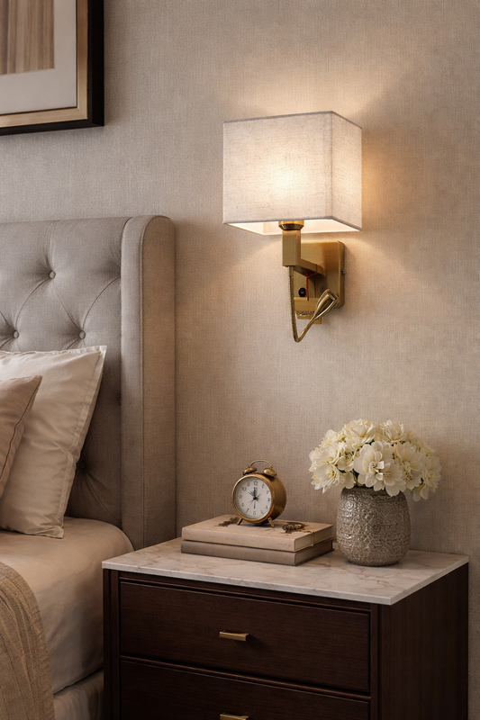HDC Modern Fabric Shade Wall Light with Adjustable Reading Arm for Bedroom & Hotel Use