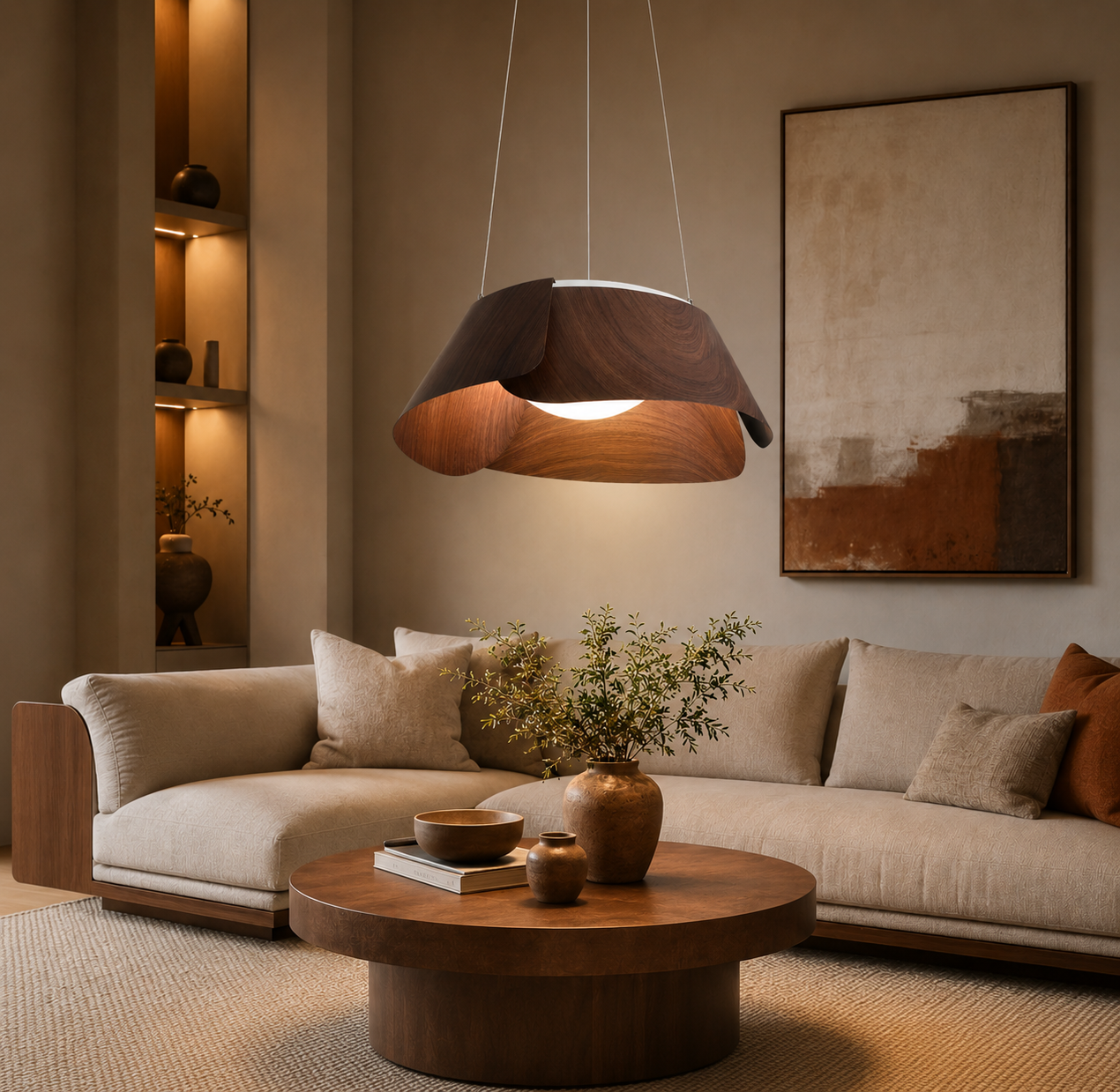 HDC Modern Walnut Wave Pendant Light for Bedroom, Living Room