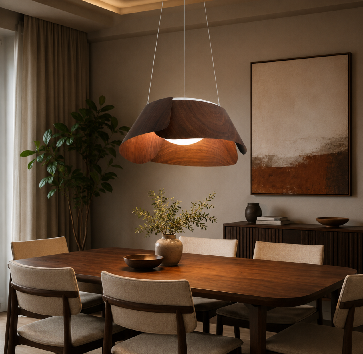 HDC Modern Walnut Wave Pendant Light for Bedroom, Living Room