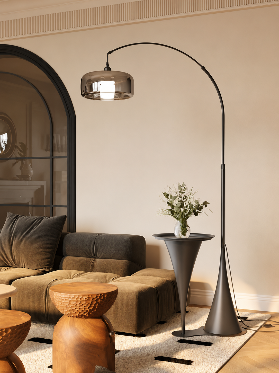 HDC Modern Arc Floor Lamp with Smoked Glass Shade for Bedroom, Living Room