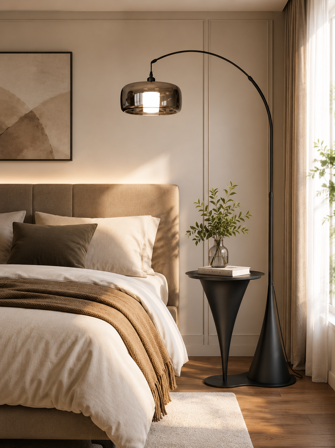 HDC Modern Arc Floor Lamp with Smoked Glass Shade for Bedroom, Living Room