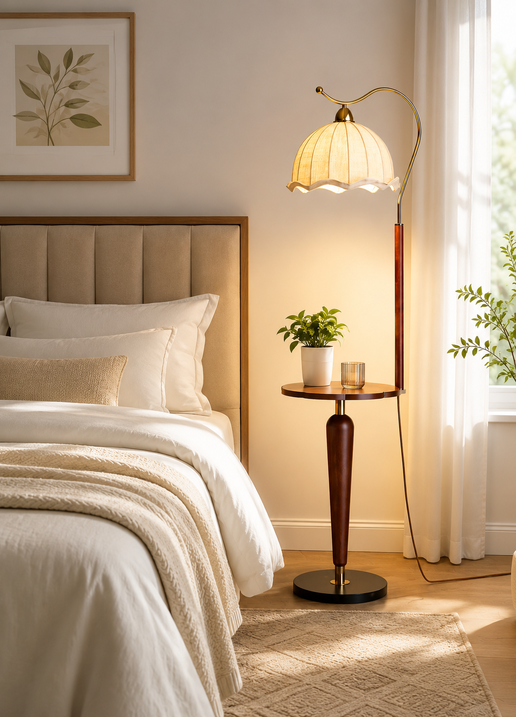HDC Modern Arc Fabric Shade Floor Lamp for Bedroom, Living Room
