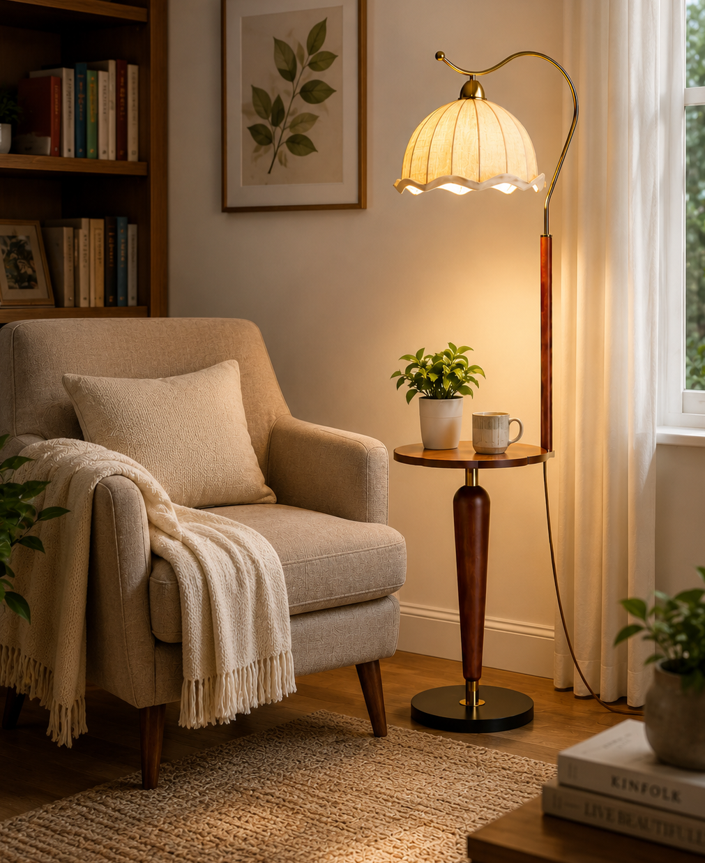 HDC Modern Arc Fabric Shade Floor Lamp for Bedroom, Living Room