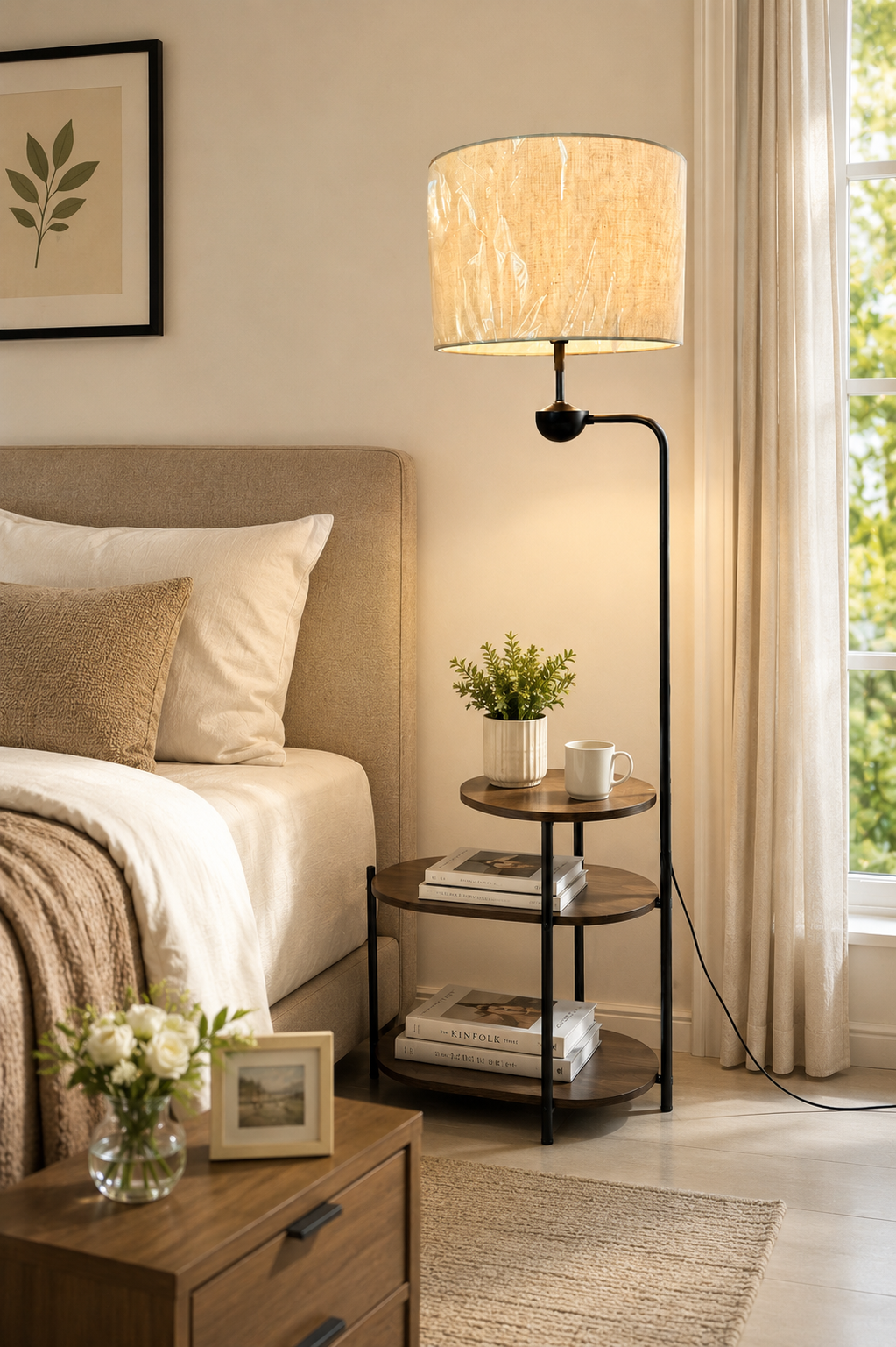 HDC Modern Floor Lamp with Side Table & Shelf for Bedroom, Living Room