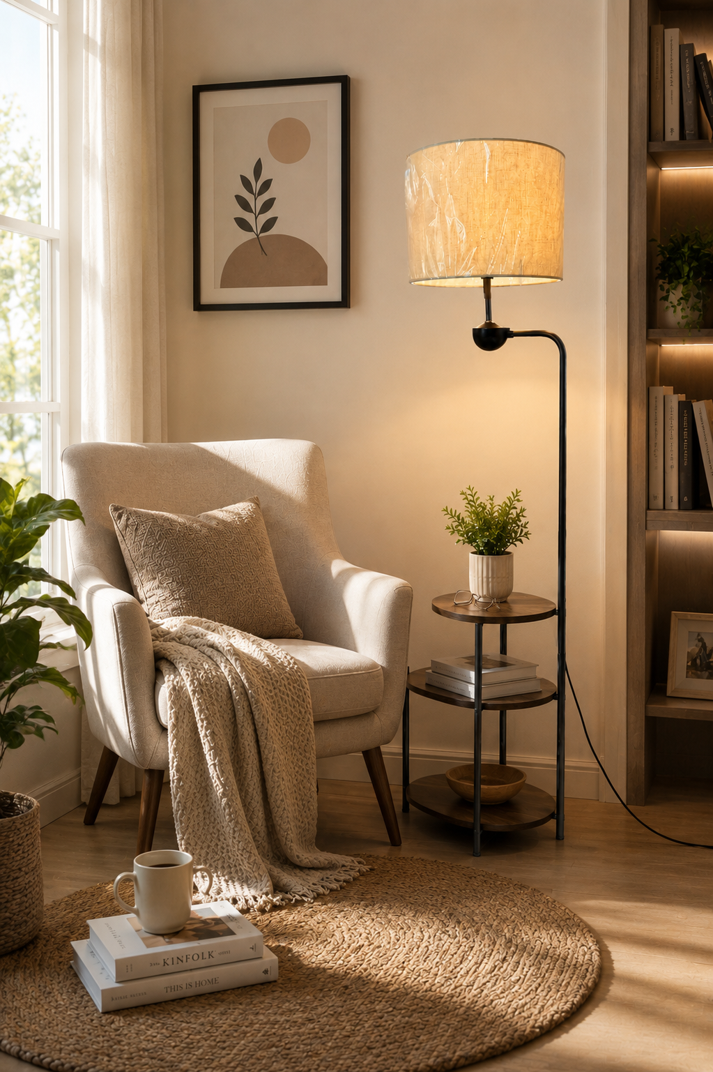 HDC Modern Floor Lamp with Side Table & Shelf for Bedroom, Living Room