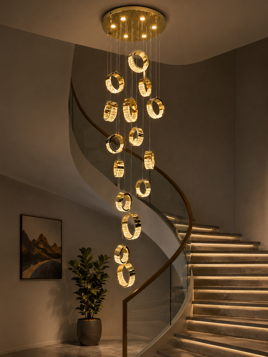 HDC Luxury 18 Light Gold Multi Ring LED Double Height Chandelier