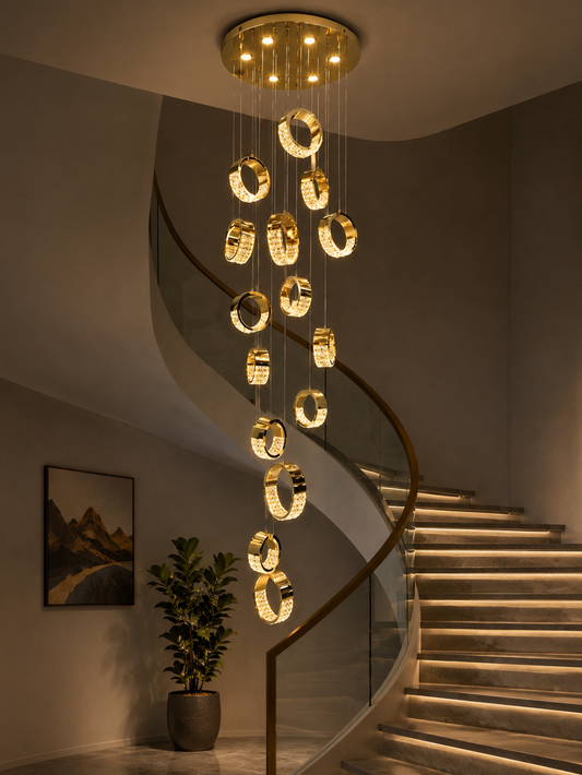 HDC Luxury 18 Light Gold Multi Ring LED Double Height Chandelier