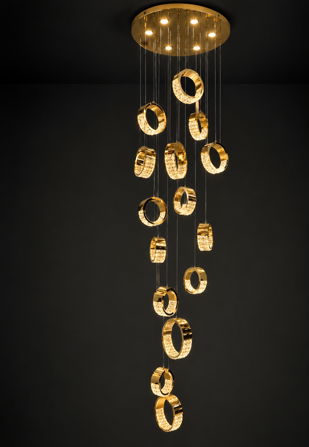HDC Luxury 18 Light Gold Multi Ring LED Double Height Chandelier