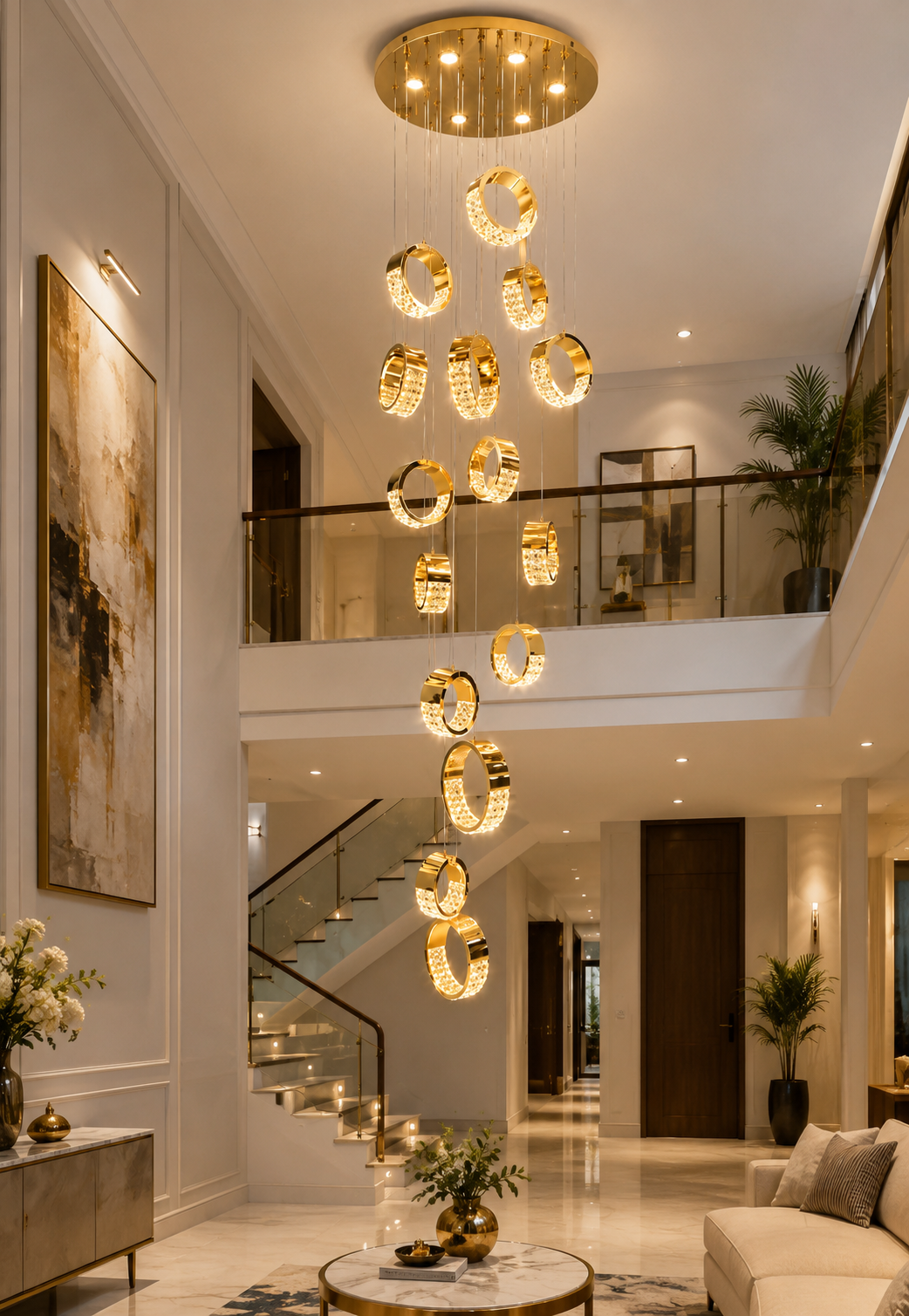 HDC Luxury 18 Light Gold Multi Ring LED Double Height Chandelier