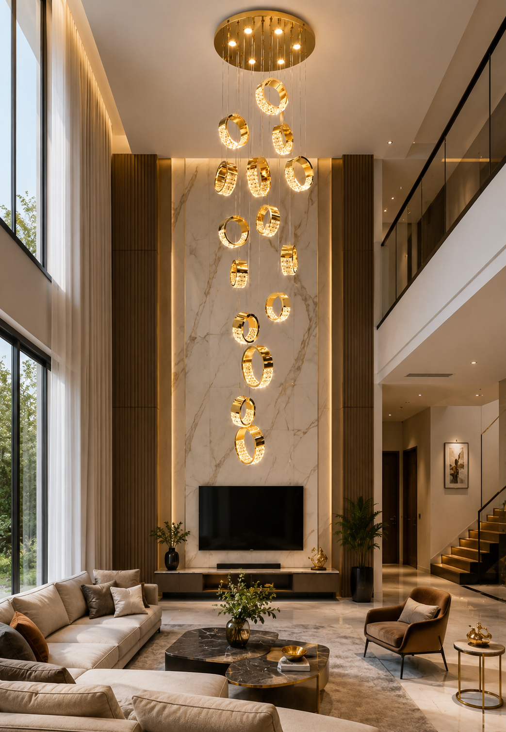 HDC Luxury 18 Light Gold Multi Ring LED Double Height Chandelier