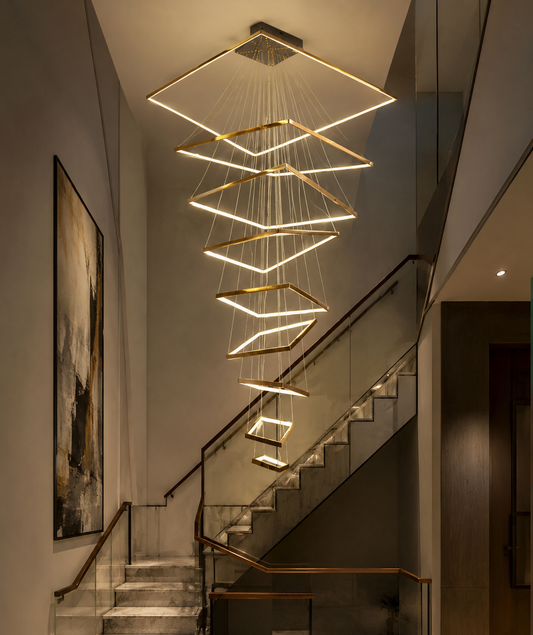 HDC Modern 9 Lights Gold Body Geometric LED Double Height Chandelier for Duplex Staircase, Double Height Living Room