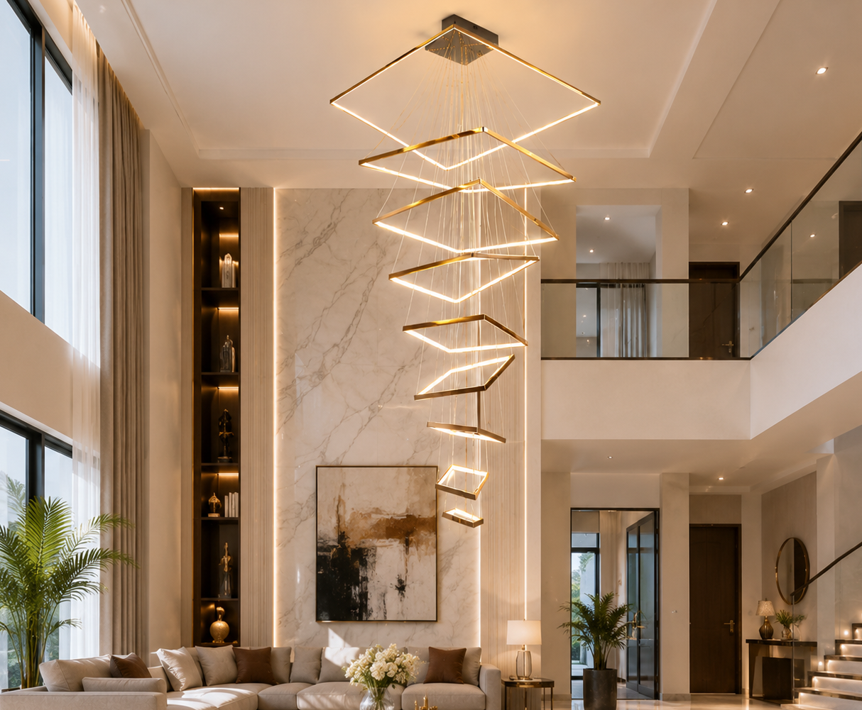 HDC Modern 9 Lights Gold Body Geometric LED Double Height Chandelier for Duplex Staircase, Double Height Living Room