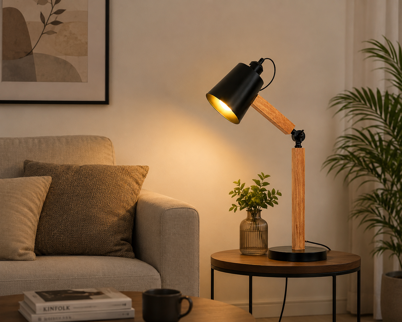 HDC Modern Wooden Adjustable Table Lamp for Bedroom, Living Room
