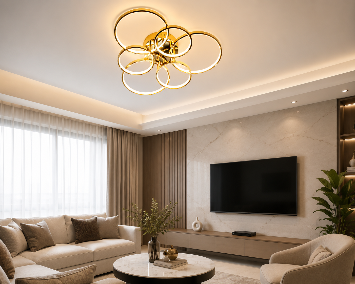 HDC 6 Rings Modern Gold LED Ring Ceiling Chandelier for Bedroom, Living Room