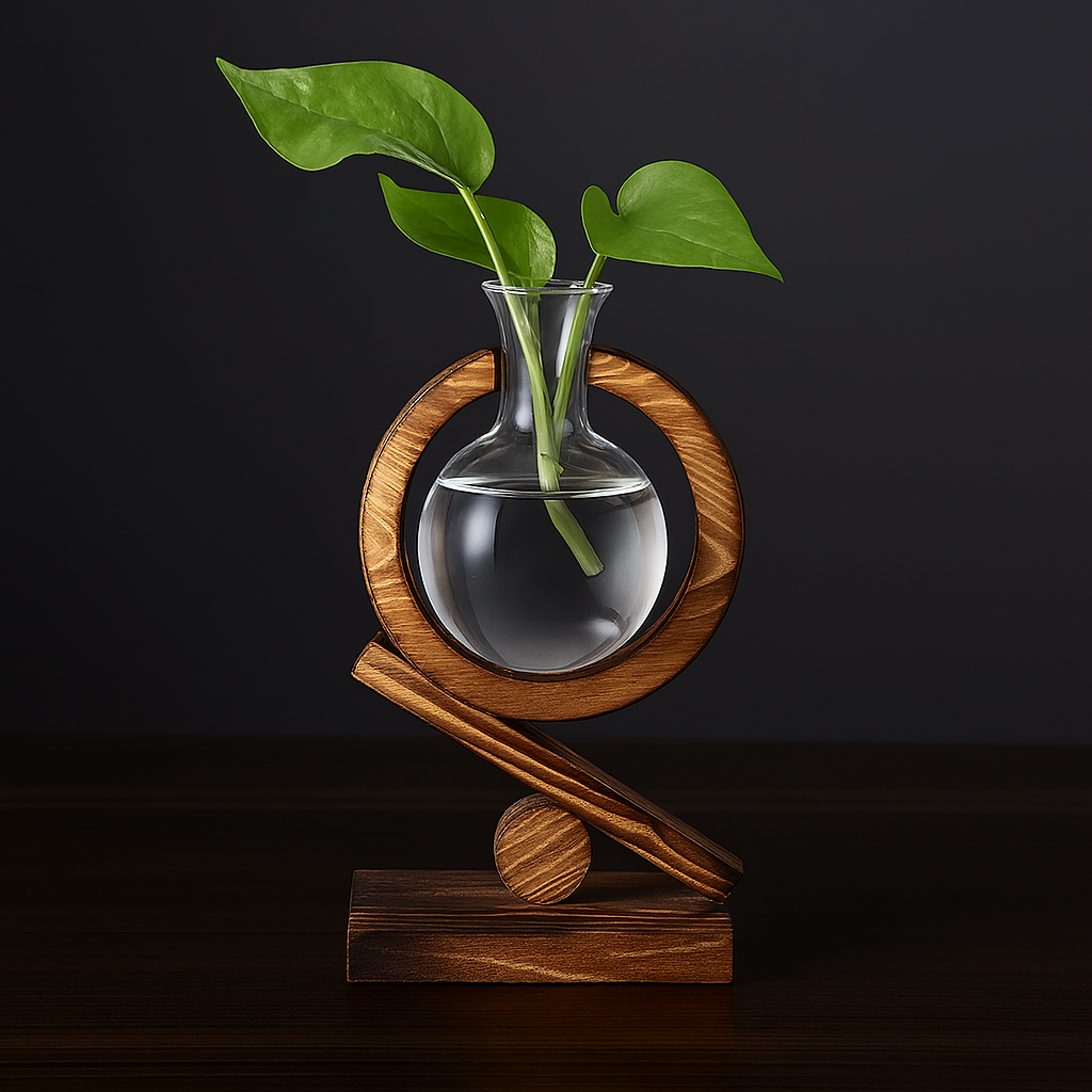 HDC New Design Modern Wooden Hydroponic Planter Vase Office Table Decoration Glass Vase With Wooden Frame