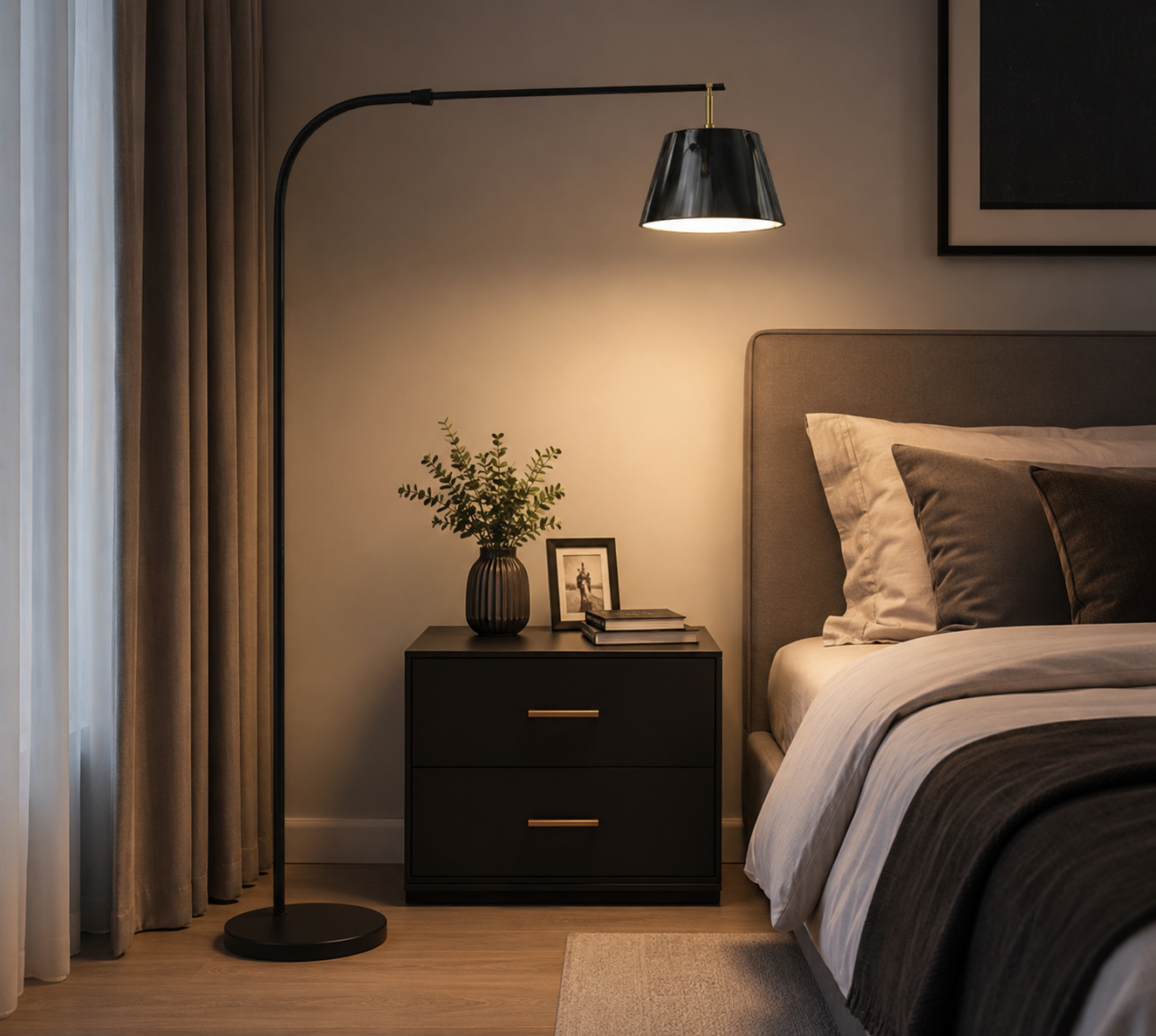HDC Modern Black Arc Floor Lamp with Fabric Shade