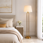 HDC Modern Brass & Wooden Floor Lamp with Fabric Shade for Bedroom, Living Room
